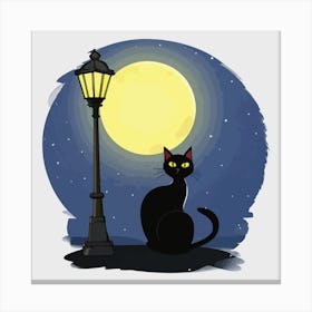 Black Cat Sitting Calmly Under A Glowing Canvas Print