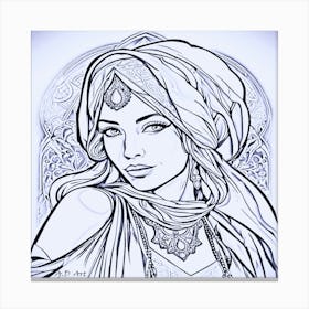 Arabian Beauty Portrait in Black/White Drawing Art Canvas Print