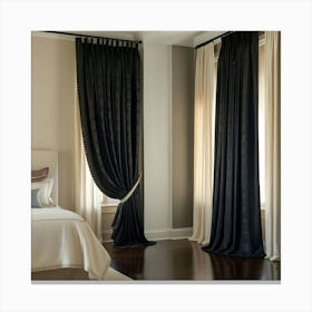 A Serene Main Bedroom Suite With Floor To Ceiling, Rich Black Curtains Adorned With Subtle, Intricate Patterning, Beautifully Draped In A Flowing, Smooth Fold, Blending Seamlessly 1 Canvas Print