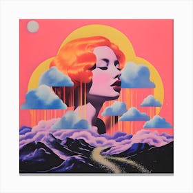 Risograph Style Surreal Scene, Redhead Woman & Clouds 2 Canvas Print