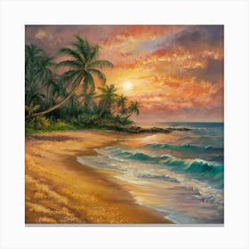 Tranquil Tropical Beach Sunset with Palm Trees Canvas Print