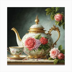 A very finely detailed Victorian style teapot with flowers, plants and roses in the center with a tea cup 4 Canvas Print