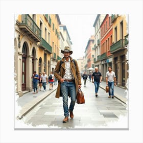 Charming Italian Man In Watercolor, Enjoying A Leisurely Stroll Through Milan Canvas Print