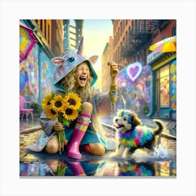 Girl And Her Dog, colorful happy girl with sunflowers Canvas Print