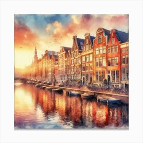 Amsterdam Canal Houses Reflected In A Dreamy Watercolor Sunset, Style Watercolor 2 Canvas Print