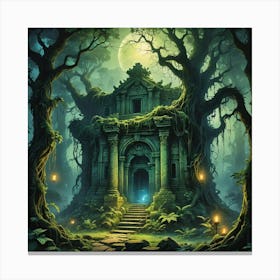 Ancient Temple Ruin In Forest At Night Canvas Print