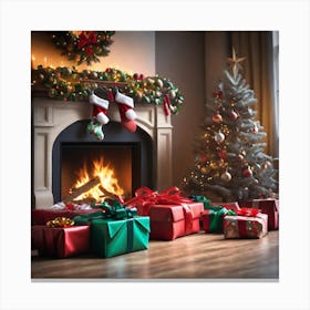 Christmas Presents In Front Of Fireplace 14 Canvas Print