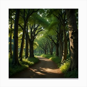 A Winding Forest Path Lined With Ancient, Majestic Green Trees, Their Branches Forming A Natural Archway Overhead 1 Canvas Print