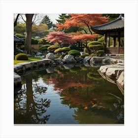 A Peaceful Japanese Garden With A Koi Pond, Stone Lanterns, And Blossoming Cherry Trees 2 Canvas Print