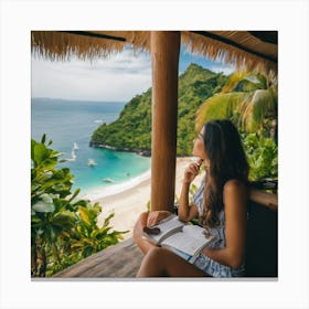 Woman Reading A Book On The Beach Canvas Print