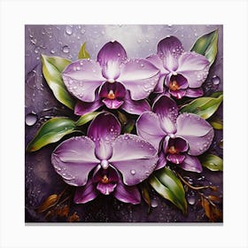 Purple orchid flower on tropical leaves in dew drops 1 Canvas Print