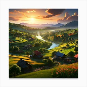 A Serene Village Landscape With Lush Green Fields And Colorful Houses Depicting The Picturesque Set Canvas Print