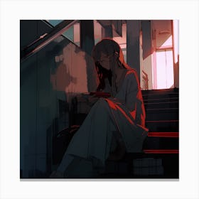 Anime Girl Sitting On Stairs Canvas Print