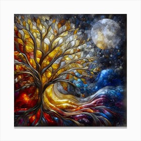 Portrait Of An Abstract Tree Of Life With Cosmic Connection - Stained Glass Technique With Stone Work. Canvas Print