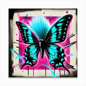 A Flashy Butterfly With A Neon Mohawk, Inspired By The Street Art Of Banksy, With A Bold Black And Neon Color Scheme, Where The Butterfly Is In Focus And The Background Is Blurred Into Neon Shapes, Framed With Abstract Brush Strokes (1) Canvas Print