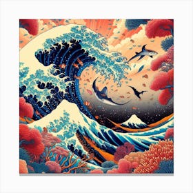 Dance of the Coral Kingdoms, Inspired by Hokusai's iconic Great Wave and Japanese woodblock prints Canvas Print