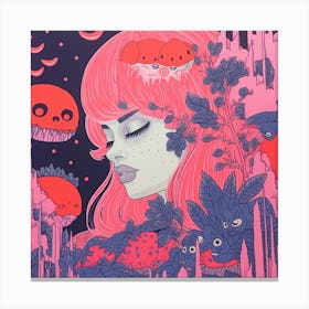Ethereal Girl Surreal Risograph Illustration, Bubblegum Colours 2, Halloween Forest Canvas Print