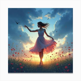 Elegance Of Dance In A Watercolor Twilight Meadow 1 Canvas Print