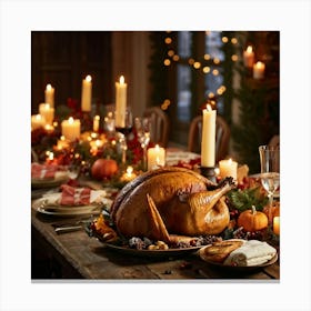 An Inviting Feast Unfolds In A Homey Abundant Setting Right At The Center A Roasted Turkey Radiati (5) Canvas Print