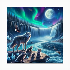 Wolf Family by Crystal Waterfall Under Full Moon and Aurora Borealis 4 Canvas Print