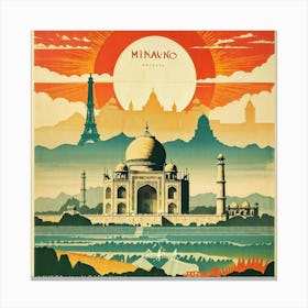 A Vintage Travel Poster Features A Collage Of Major Historical Landmarks From Different Continents Canvas Print