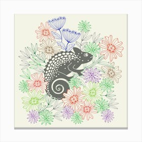 CHAMELEONS JUST WANNA HAVE FUN Cute Rainforest Reptile Line-Drawing Floral in Retro Gray Red Purple Blue Green Canvas Print