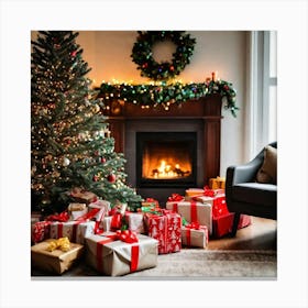 Christmas Presents Under Christmas Tree At Home Next To Fireplace (6) Canvas Print