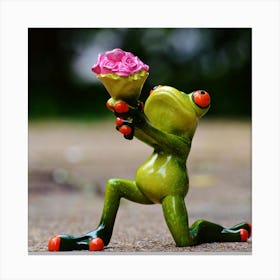 Frog Holding A Flower Canvas Print