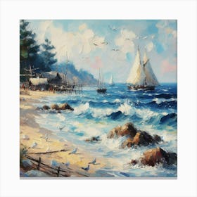 Sailboats On The Beach, Acrylic Painting Style 1 Canvas Print