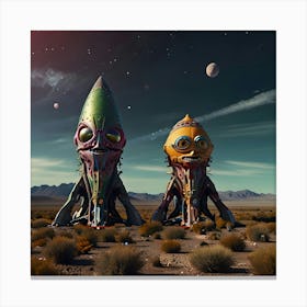 Colorful Ugly Alien Creatures Next To Spaceship From Outer Space Canvas Print