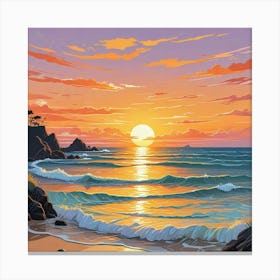 A Painting Of A Sunset With Seagulls Flying Above The Ocean (3) Canvas Print