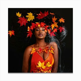 Digital Collage Featuring Autumn Leaves In Hues Of Red Orange And Yellow Entwined With Digital Sm Canvas Print