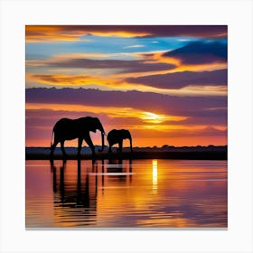 Sunset With Elephants Canvas Print