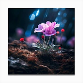 up close on a black rock in a mystical fairytale forest, alice in wonderland, mountain dew, fantasy, mystical forest, fairytale, beautiful, flower, purple pink and blue tones, dark yet enticing, Nikon Z8 3 Canvas Print