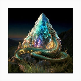 Firefly Dragon, Iridescent, Scales, Gemstones, Light, Reflection, Perched, Mountain, Peak, Mythical, (8) Canvas Print