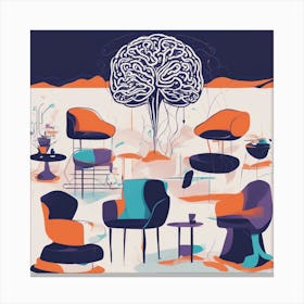Drew Illustration Of Brain On Chair In Bright Colors, Vector Ilustracije, In The Style Of Dark Navy (2) Canvas Print