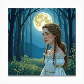 Watercolor Portrait Of Young Queen In A Serene, Moonlit Forest Canvas Print