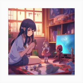 Anime Girl Playing With Toys Canvas Print