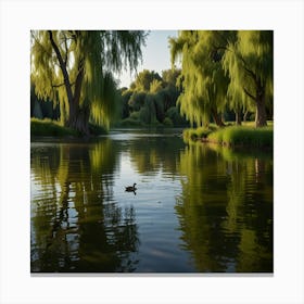 A Serene Riverbank With Willow Trees And Ducks Swimming In The Water Canvas Print