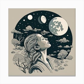 Starry Night, lookin up at moon, line ar, ink art. Canvas Print