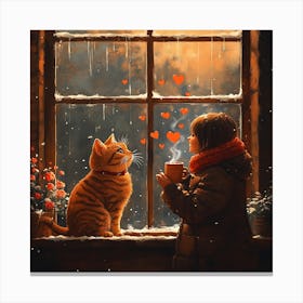 Cat and Person Sharing Hot Cocoa Artwork 4 Canvas Print