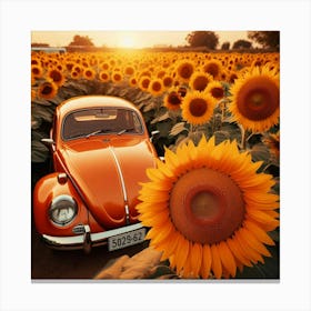 A classic Volkswagen Beetle parked in a field of sunflowers, facing the sunset. Canvas Print