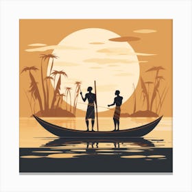 Silhouette Of Two People In A Boat Canvas Print