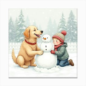 Cheerful Golden Retriever And A Child Building A Snowman In Watercolor 1 Canvas Print