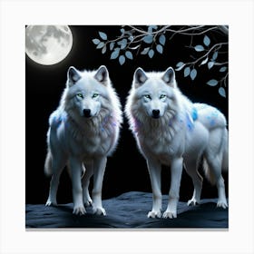 White Wolfs Standing In Front Of A Full Moon Canvas Print