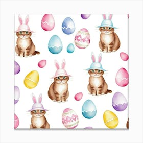 Seamless Pattern With Cats In Easter Bunny Hats, With Easter Eggs Scattered Around, Watercolor Illustration Leinwandbild