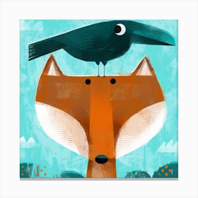 Fox With Pesky Crow Square Canvas Print