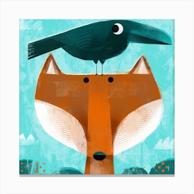 Fox With Pesky Crow Square Canvas Print