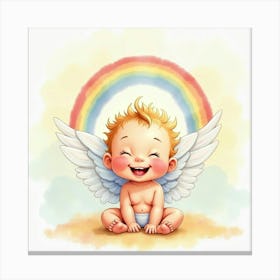 Watercolor Baby With Angel Wings Smiling Under A Soft Rainbow Sky Canvas Print