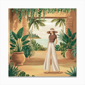 Woman In A Hat Standing In A Garden Canvas Print